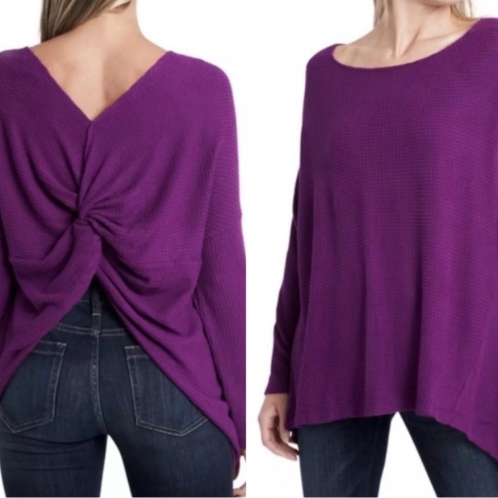 1. State Purple Asymmetrical Waffle Knit Knot Back Sweater Womens Medium NEW